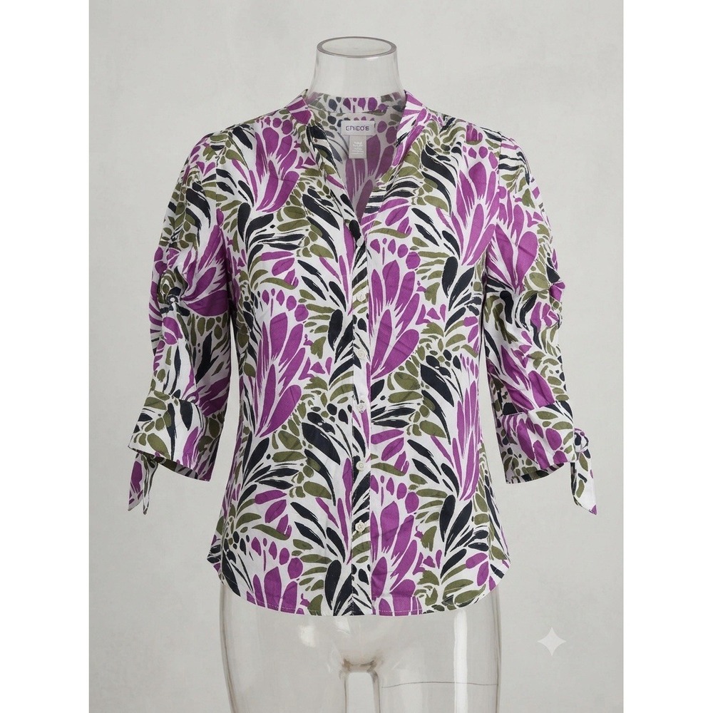 Chicos Cotton Blouse Top 14 Womens Summer Colorful Boho Chic 3/4 Sleeve